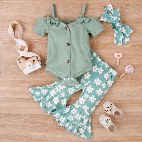 Baby Girl Toddler Summer Bow Suspenders V-neck Short Sleeve Onesie Printed Bell-bottom Pants - Image 2