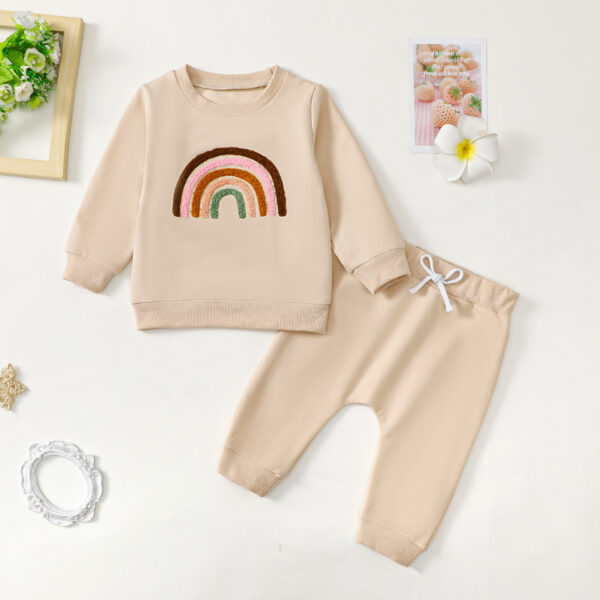 Children's Four-color Towel Embroidery Rainbow Long-sleeved Shirt Fake Drawstring Trousers Two-piece Set - Image 2