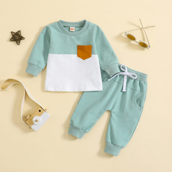 Children Color-block Crew Neck Long Sleeve Trousers Suit - Image 3