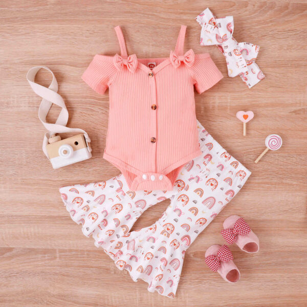 Baby Girl Toddler Summer Bow Suspenders V-neck Short Sleeve Onesie Printed Bell-bottom Pants - Image 6
