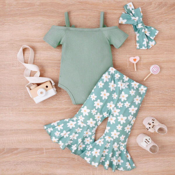 Baby Girl Toddler Summer Bow Suspenders V-neck Short Sleeve Onesie Printed Bell-bottom Pants - Image 10