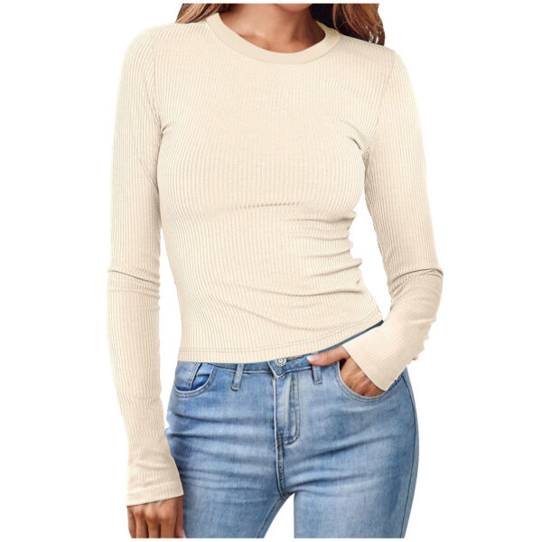 Amazon 2024 Spring New Women's European And American Round Neck Long Sleeve Sunken Stripe Short Solid Color Top T-shirt For Women - Image 5