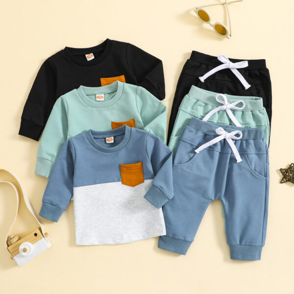 Children Color-block Crew Neck Long Sleeve Trousers Suit - Image 4