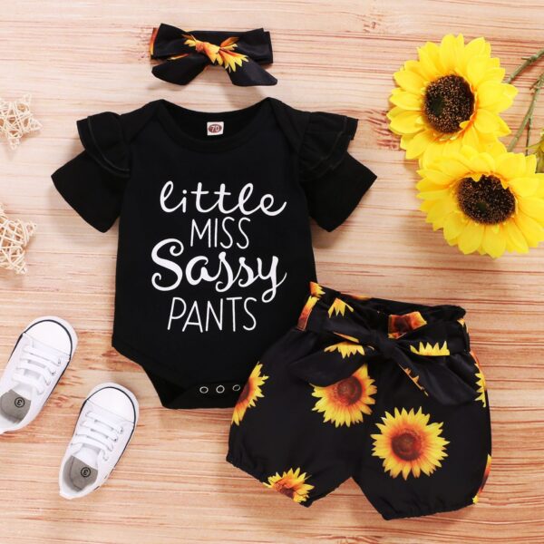 Cute Baby Short Sleeve Letter Jacket Sunflower Shorts Three-piece Set - Image 2