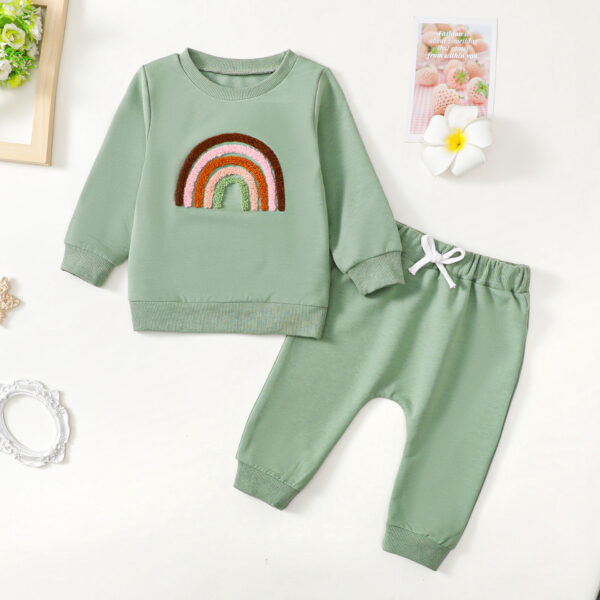 Children's Four-color Towel Embroidery Rainbow Long-sleeved Shirt Fake Drawstring Trousers Two-piece Set - Image 3
