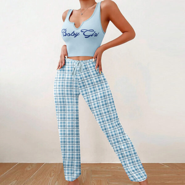 Spring Summer Women's Casual Pajamas Home Wear Vest Color Matching Plaid Trousers Letter Print Top Ladies 2 Pcs Home Clothes Sleepwear - Image 4