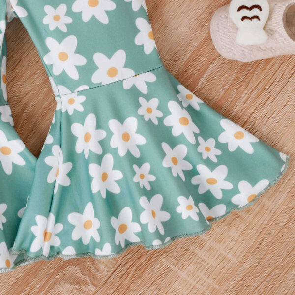 Baby Girl Toddler Summer Bow Suspenders V-neck Short Sleeve Onesie Printed Bell-bottom Pants - Image 4