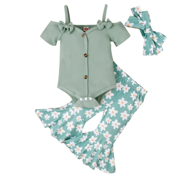 Baby Girl Toddler Summer Bow Suspenders V-neck Short Sleeve Onesie Printed Bell-bottom Pants - Image 5