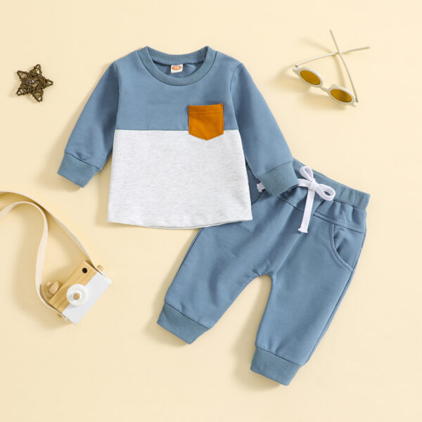 Children Color-block Crew Neck Long Sleeve Trousers Suit - Image 6