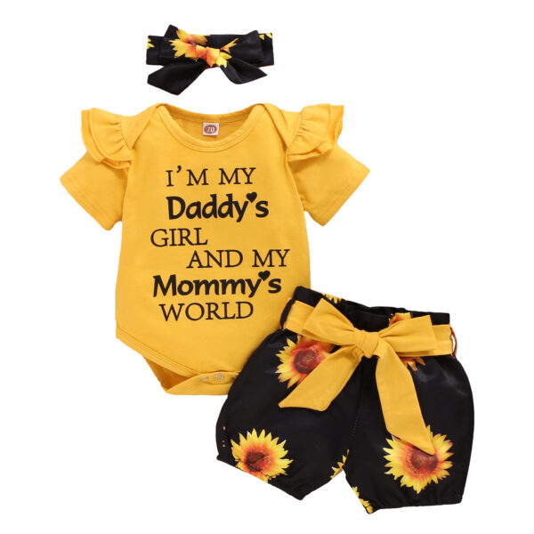 Cute Baby Short Sleeve Letter Jacket Sunflower Shorts Three-piece Set - Image 9
