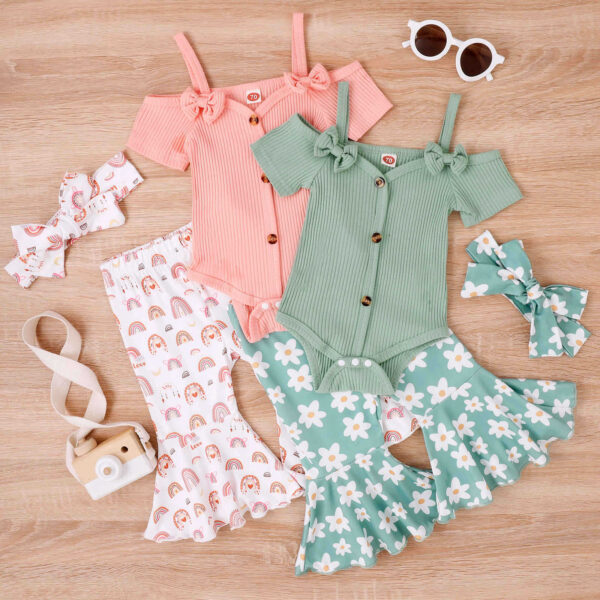 Baby Girl Toddler Summer Bow Suspenders V-neck Short Sleeve Onesie Printed Bell-bottom Pants - Image 7