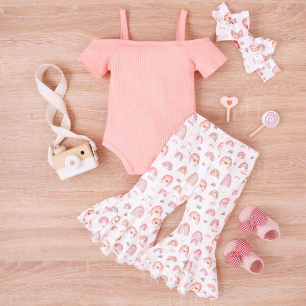Baby Girl Toddler Summer Bow Suspenders V-neck Short Sleeve Onesie Printed Bell-bottom Pants - Image 9